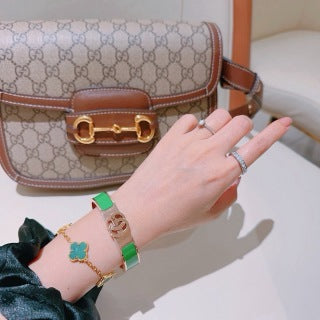 Gucci GG Green Enamel Inlay Gold Cuff Bracelet