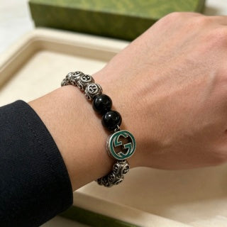 Gucci GG Black Bead Medallion Charm Bracelet