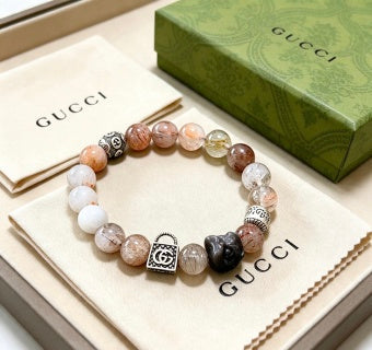 Gucci GG Natural Stone Bead Silver Charm Bracelet