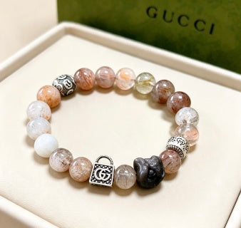 Gucci GG Natural Stone Bead Silver Charm Bracelet
