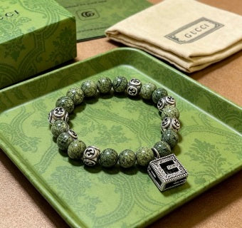 Gucci GG Engraved Stone Bead Charm Bracelet