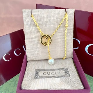 Gucci GG Circle Pearl Drop Gold Pendant Necklace