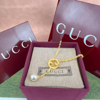 Gucci GG Circle Pearl Drop Gold Pendant Necklace
